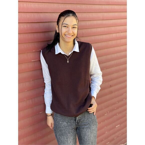 Product Think Tank Unisex Mt Abe 100% Wool Mahogany Brown V-neck Sweater Vest - Picture 1 of 9